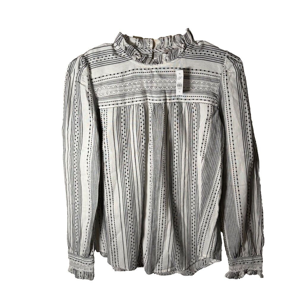 Loft Blouse Women's XS Textured Long Sleeve Mock Neck Black White NWT